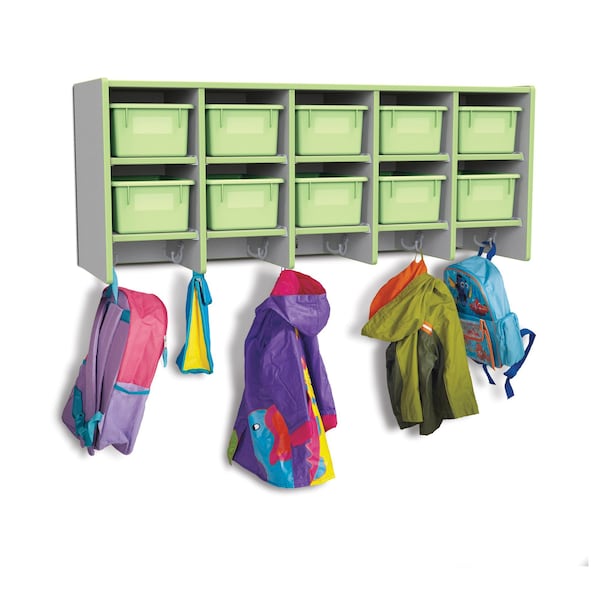 Rainbow Accents 10 Section Wall Mount Coat Locker, with Trays, Key Lime Green